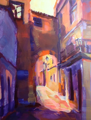 Dramaticlight,impressionist,landscape,street scene,acrylic,painting,on canvas,Cordoba,Spain,old Jewish Quarter 