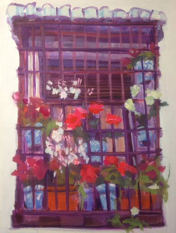 Gypsy Quarter, Albayzin, Granada, Spain, Painting,Floral, Impressionistic vs. Realistic, Spring, Spring blossoms, Flower window scene