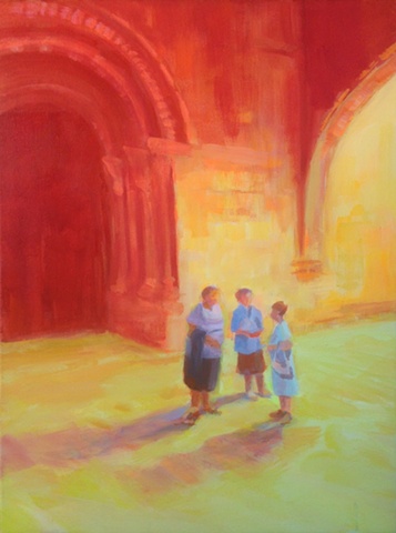 Spain, Impressionism, painting, Bold, Hot color, Acrylic on canvas, Tudela, Navarra,Spain, Gothic, Cathedral, sisters, figurative, gathering, chatting
