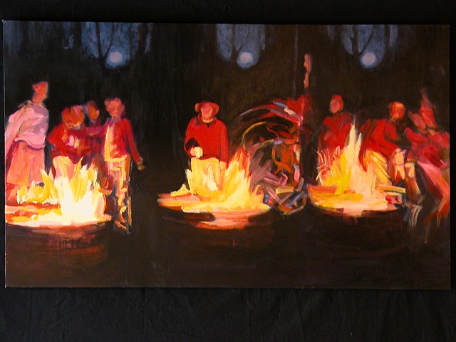 Merging campfire scenes creating one large canvas with playful mood and dramatic light.