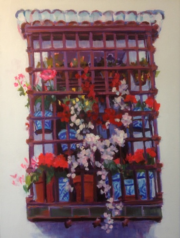 Floral, Impressionism vs. Realism, Intimate window scene, spring blossoms,Albayzin, Granada, Spain