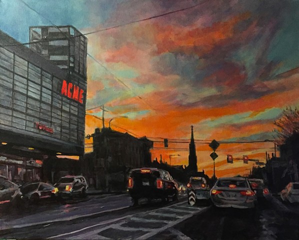 Dramatic skyline and urban sunset acrylic painting. View on Girard Avenue, Philadelphia, Pennsylvania.