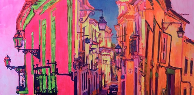 triptych, Portugal, street scenes, flourescent, impressionistic, pop