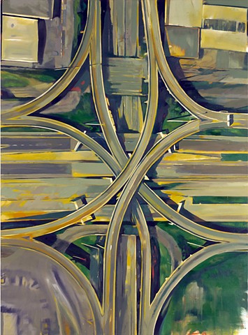 large scale, conceptual realist oil painting, aerial view of Detroit, Michigan, Contemporary Detroit landscape painting, His Hero is Gone, Dimlaia, Syndromes, Drain the Sky