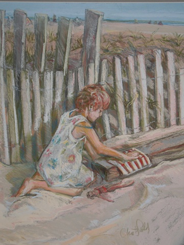 Beach scene with young girl in pastel