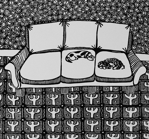 "Mickey and Lou" linocut by Coco Berkman from "Dogs on Sofas" series