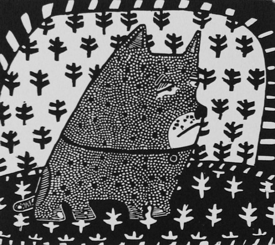 "Sister Parish" linocut by Coco Berkman from "Dogs on Sofas" series
