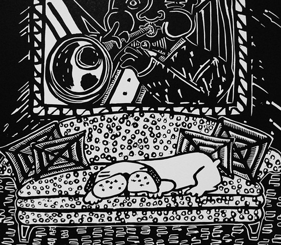 "Satchmo" linocut by Coco Berkman from "Dogs on Sofas" series