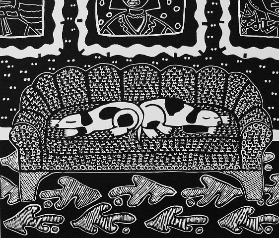 "Diptych" linoleum print by Coco Berkman for "Dogs on Sofas" series