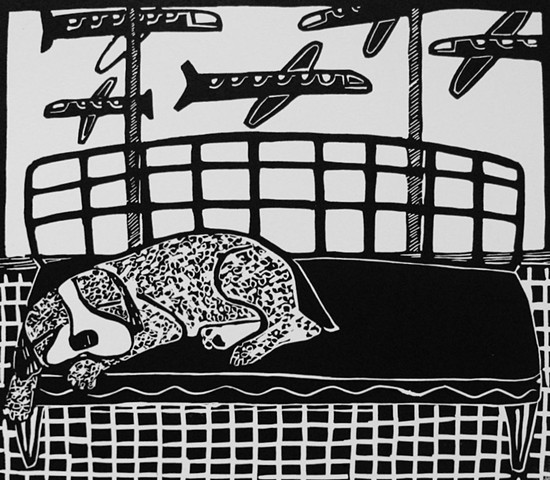 "Lounge" linocut by Coco Berkman from "Dogs on Sofas" series
