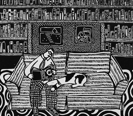 "Library" linocut by Coco Berkman from "Dogs on Sofas" series  