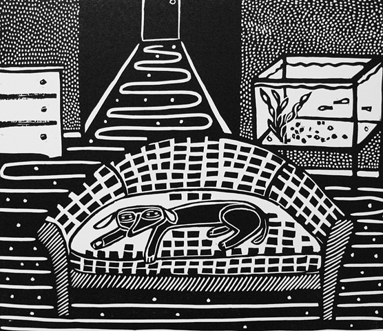"Guppies" linocut by Coco Berkman from "Dogs on Sofas" series