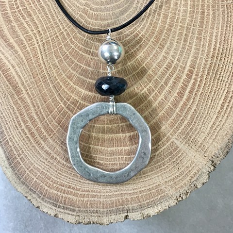 black labradorite, silver and zinc circle necklace