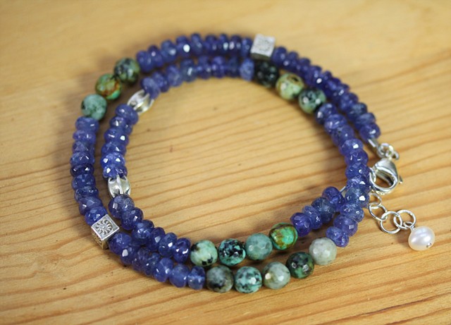 tanzanite and turquoise two strand bracelet