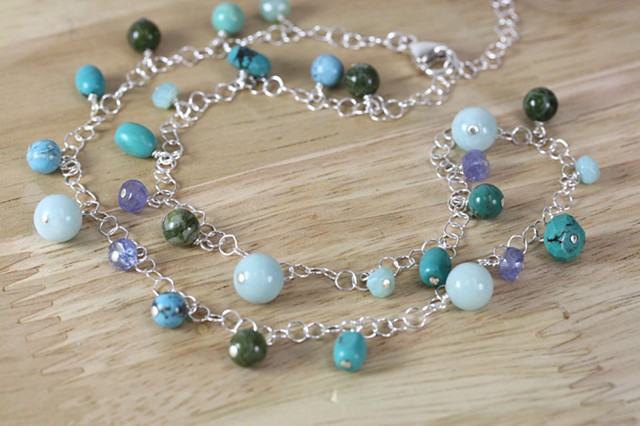 silver circle chain, tanzanite, agate, amazonite, turquoise necklace