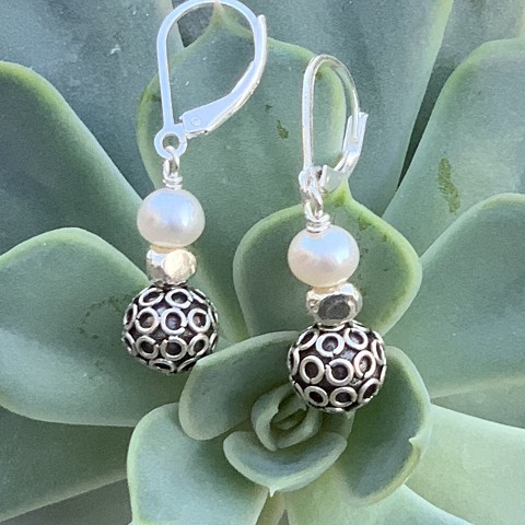 Geo silver and pearl earrings