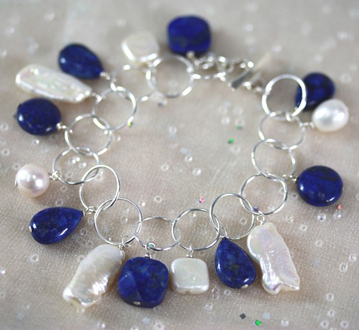 pearl and lapis charms on sterling circle chain
