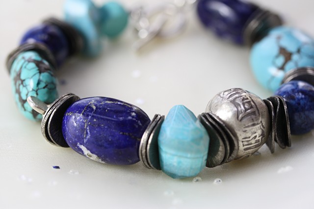 lapis, turquoise, cheladony and silver bracelet