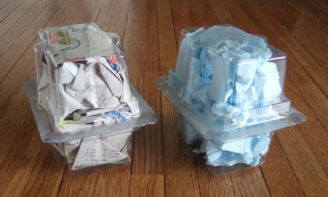 paper and blue styrofoam