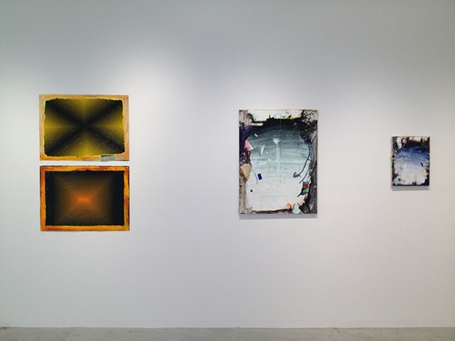 Installation view with two Paul Demuro paintings on the left