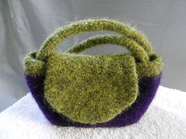 Purple and olive green wool mini purse.