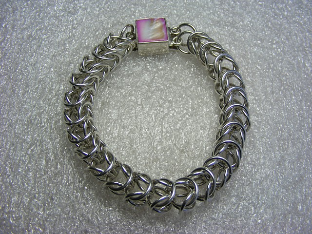 sterling silver, box chain, chainmaille, shell clasp