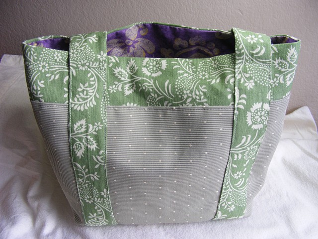 tote bag, lined tote bag, spring floral trim, handsewn tote, spring green, purple lining, polka dots