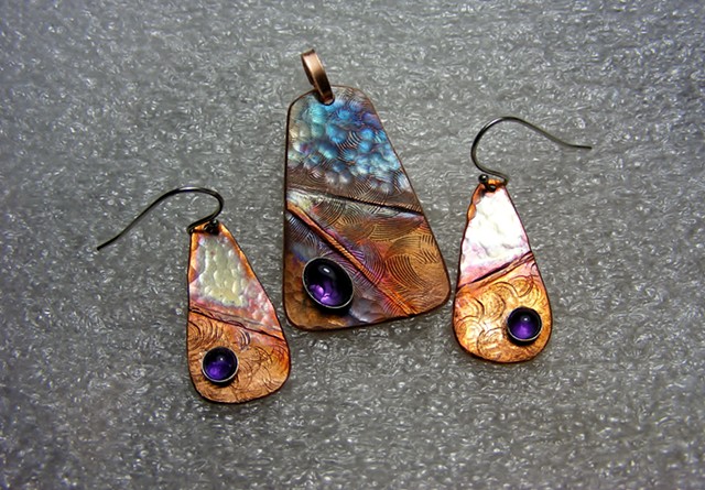 copper pendant and earrings set, fold-formed, hand forged and textured, amethysts