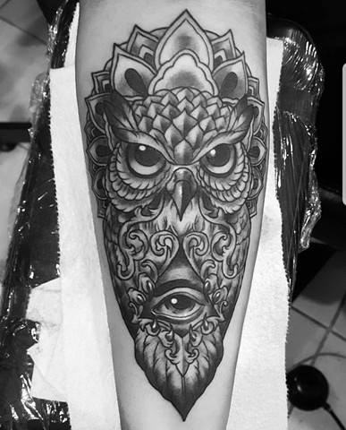 All seeing eye and owl tattoo