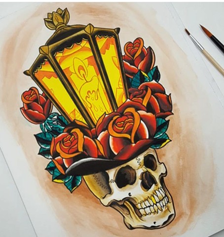 Skull Lantern Tattoo Design