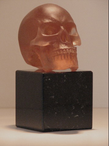 cast glass  casting lost wax human skull rhubarb granite base