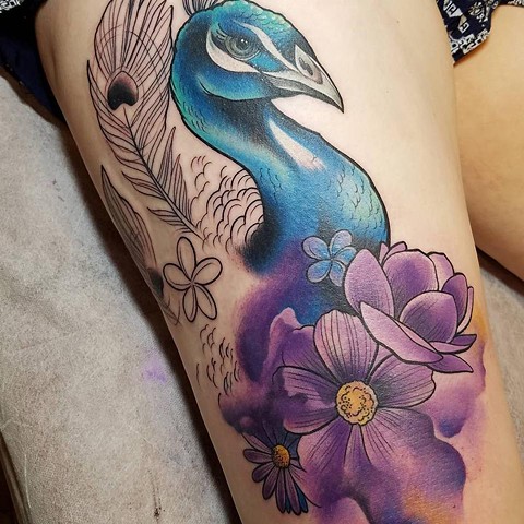 start of peacock and flower thigh piece