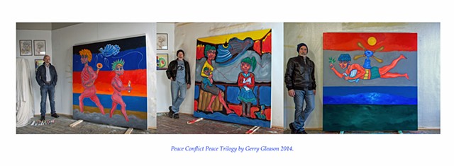The Artist Gerry Gleason
with the three panels
Peace Conflict Peace Trilogy 
2014.