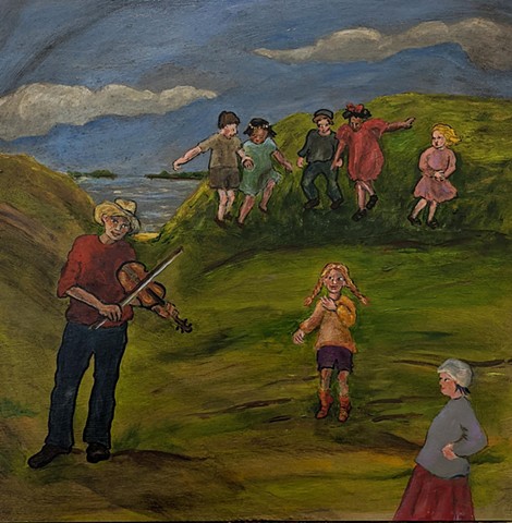 pandemic art, covid19 art. folk music, fiddle. fiddler, children,  seascape, beautiful,