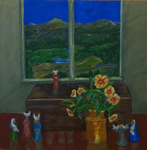 pandemic art, covid19 art. clay whistle, ocarina, women, chickens, poultry, Green Mountains, Vermont, view beautiful,