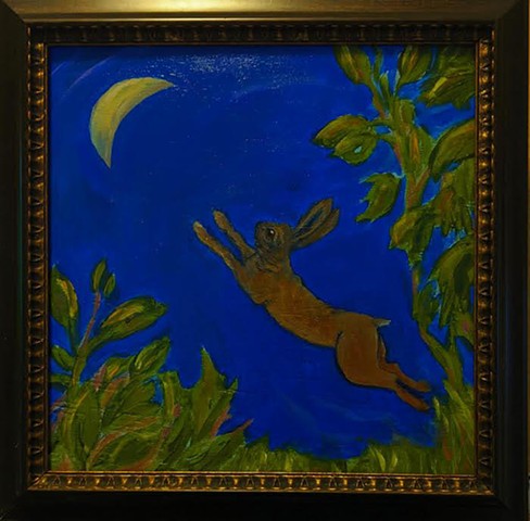 pandemic art, covid19 art. moon, leaping hare, night, cobalt blue,  beautiful,