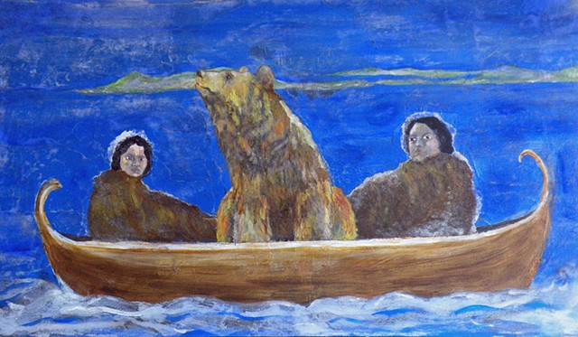 two women in a boat with a bear at night on open water.