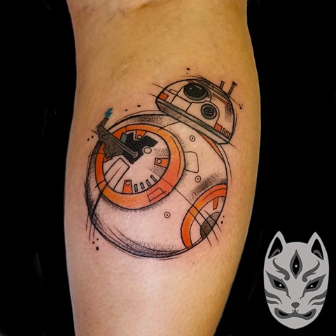 Bb-8 droid from Star Wars tattoo on lower leg 