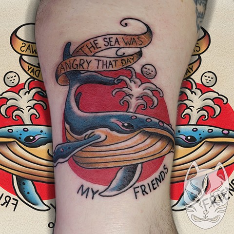 Seinfeld inspired tattoo in traditional tattoo style located on the inner arm by Gina Matuo of Copper Fox Tattoo in Kissimmee Florida Best Tattoo shop Traditional artist