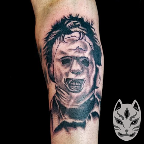 Leather face from Texas Chainsaw Massacre in black and grey portrait by Gina Matuo of Copper Fox in Kissimmee Florida