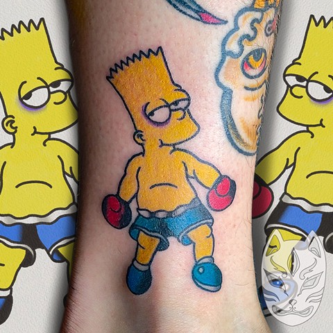 Bart Simpson bruiser traditional style tattoo on lower leg by Gina Matuo of Copper Fox Tattoo in Kissimmee Florida
