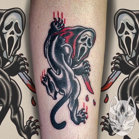 Scream ghostface Panther in traditional tattoo style by Gina Matuo of Copper Fox Tattoo in Kissimmee Florida
