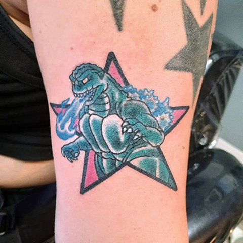 Godzilla, Godzilla tattoo, tattoos, tattooing, tattooshop, Kissimmee tattooshop, tattooshops near disney, black and grey tattoo, 