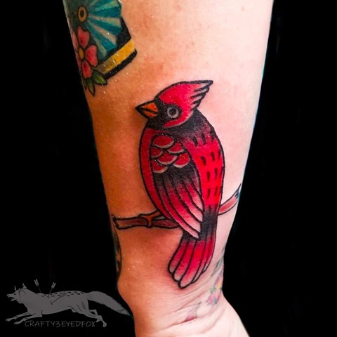 Tradtional style Red Cardinal by Gina Marie of Copper Fox Tattoo in Kissimmee Florida