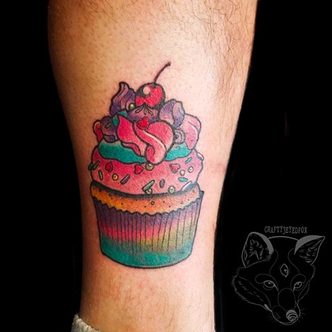 Lisa Frank cupcake, colorful tattoo, girly tattoo, bright tattoo, food tattoo by Gina Marie of Copper Fox Tattoo in Kissimmee Florida