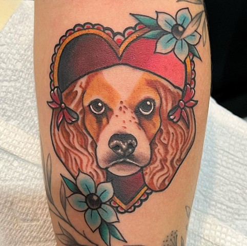 traditional style dog tattoo by Klint Who of Copper Fox Tattoo in Kissimmee Florida best tattoo shop near me