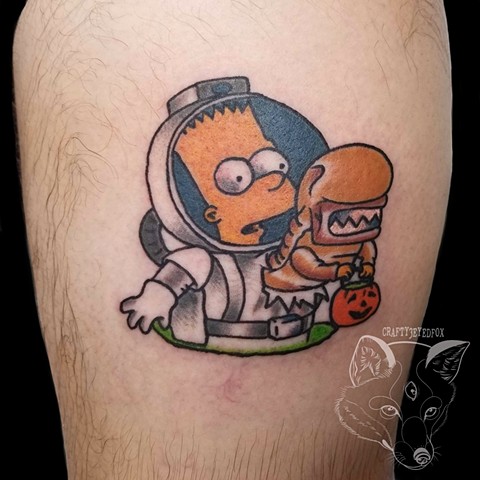 Bart Simpson in Alien inspired Halloween costume in traditional style on thigh