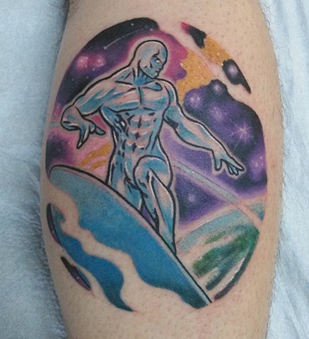 Silver Surfer, silver surfer tattoo, marvel characters, superheroes, superhero tattoo, space tattoo, kissimmee tattoo shop, tattoo shop, tattooing