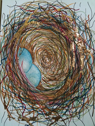 mixed media - watercolour / pen and ink / gold foil