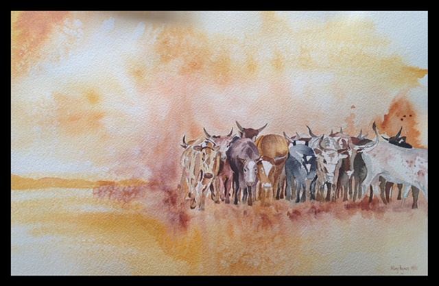 Watercolor Nguni Herd by Hilary Haynes